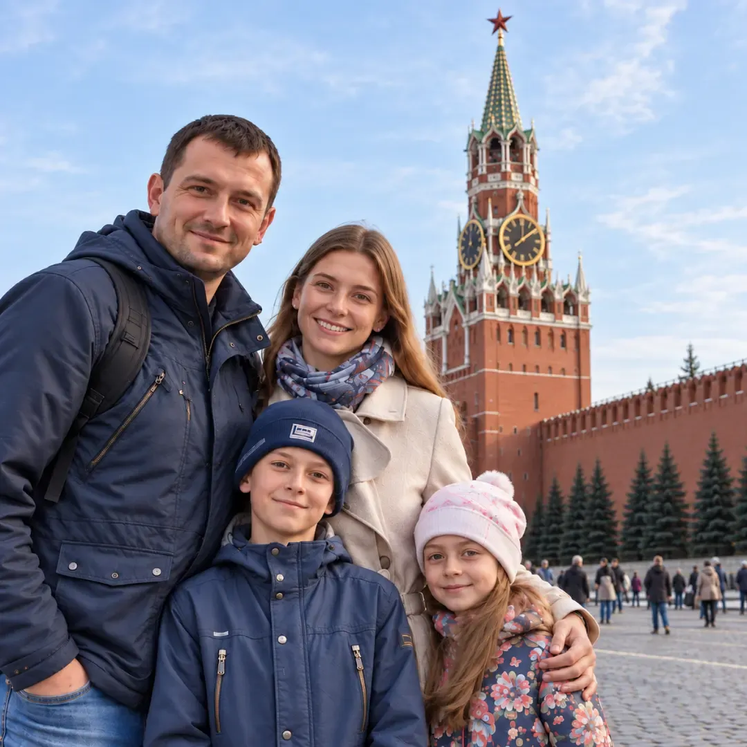 Family posing in front of the Spasskaya Tower of the Moscow Kremlin on Red Square.