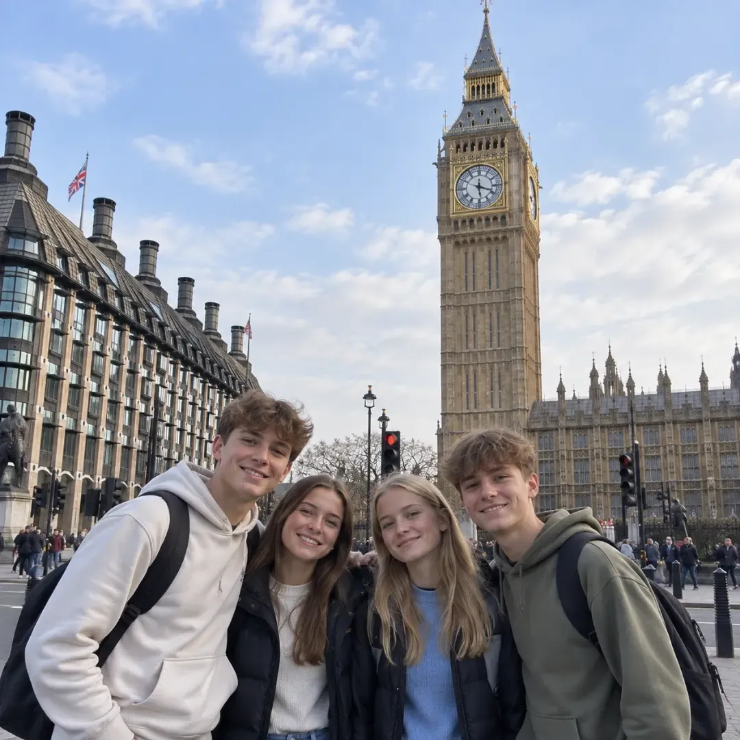 Group of teenagers posing in front of Big Ben and the Palace of Westminster in London.