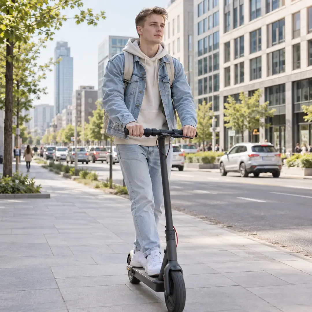 Young man riding an electric scooter on a city street.