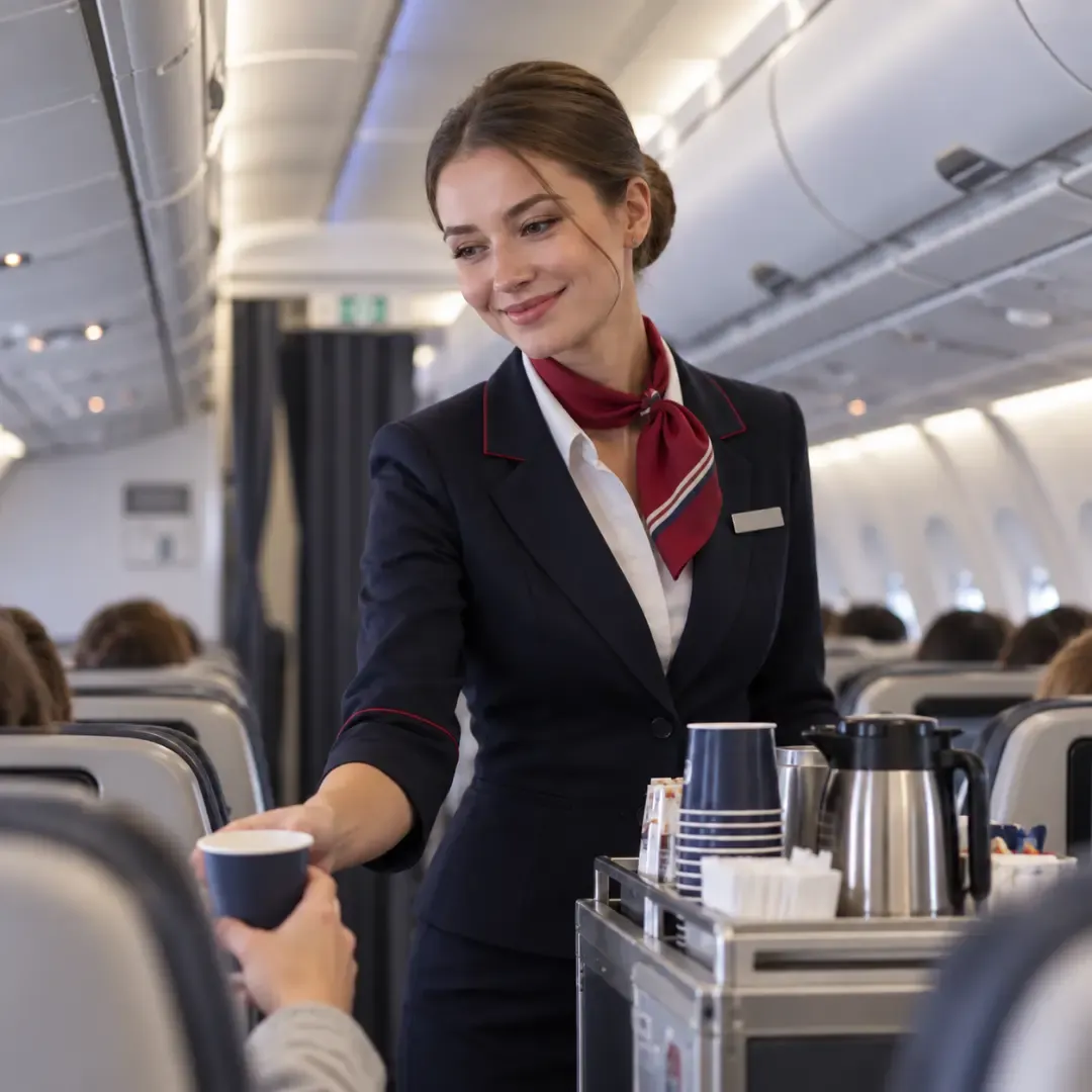 Russian flight attendant serving drinks in an airplane cabin.