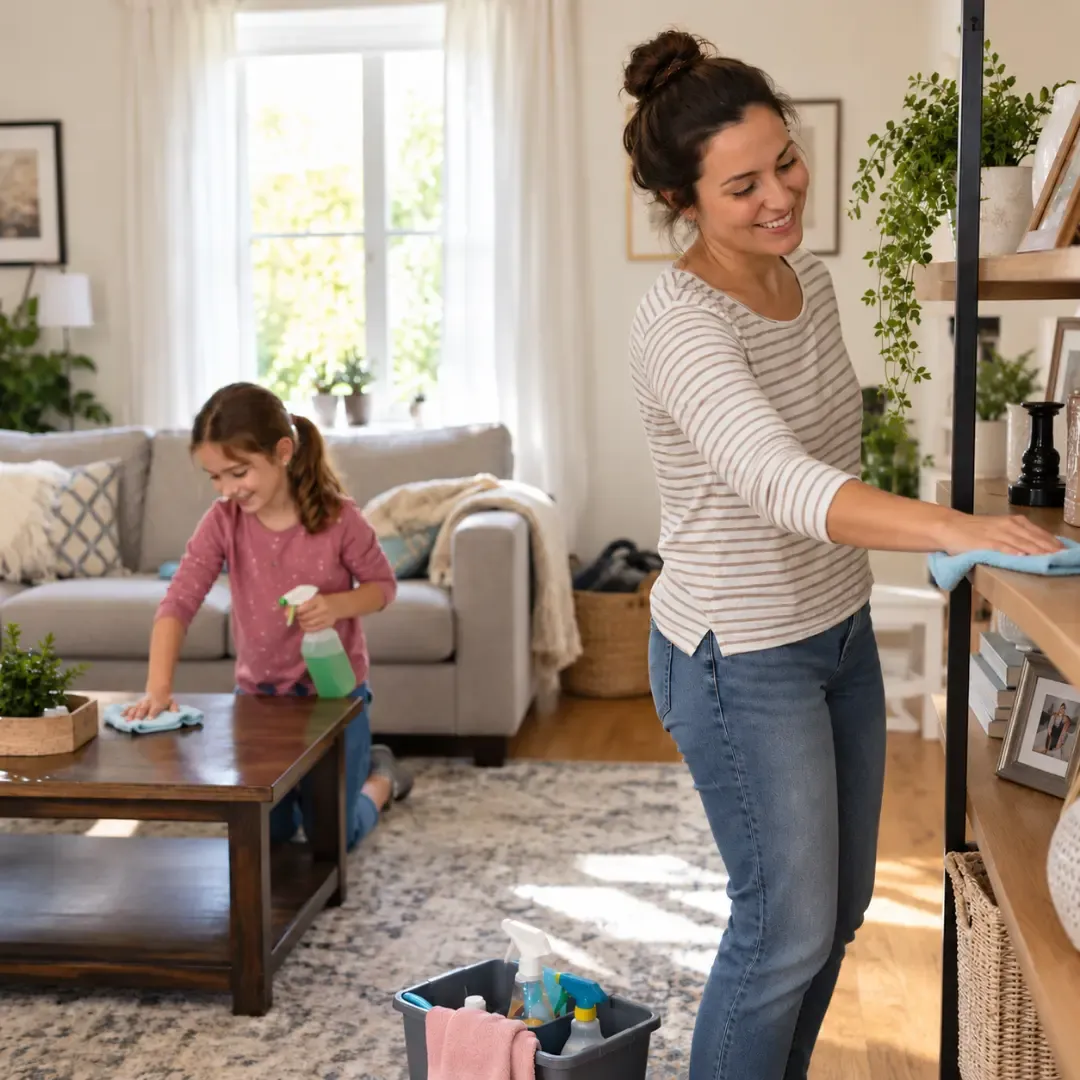 Mother and daughter cleaning a living room together at home.
