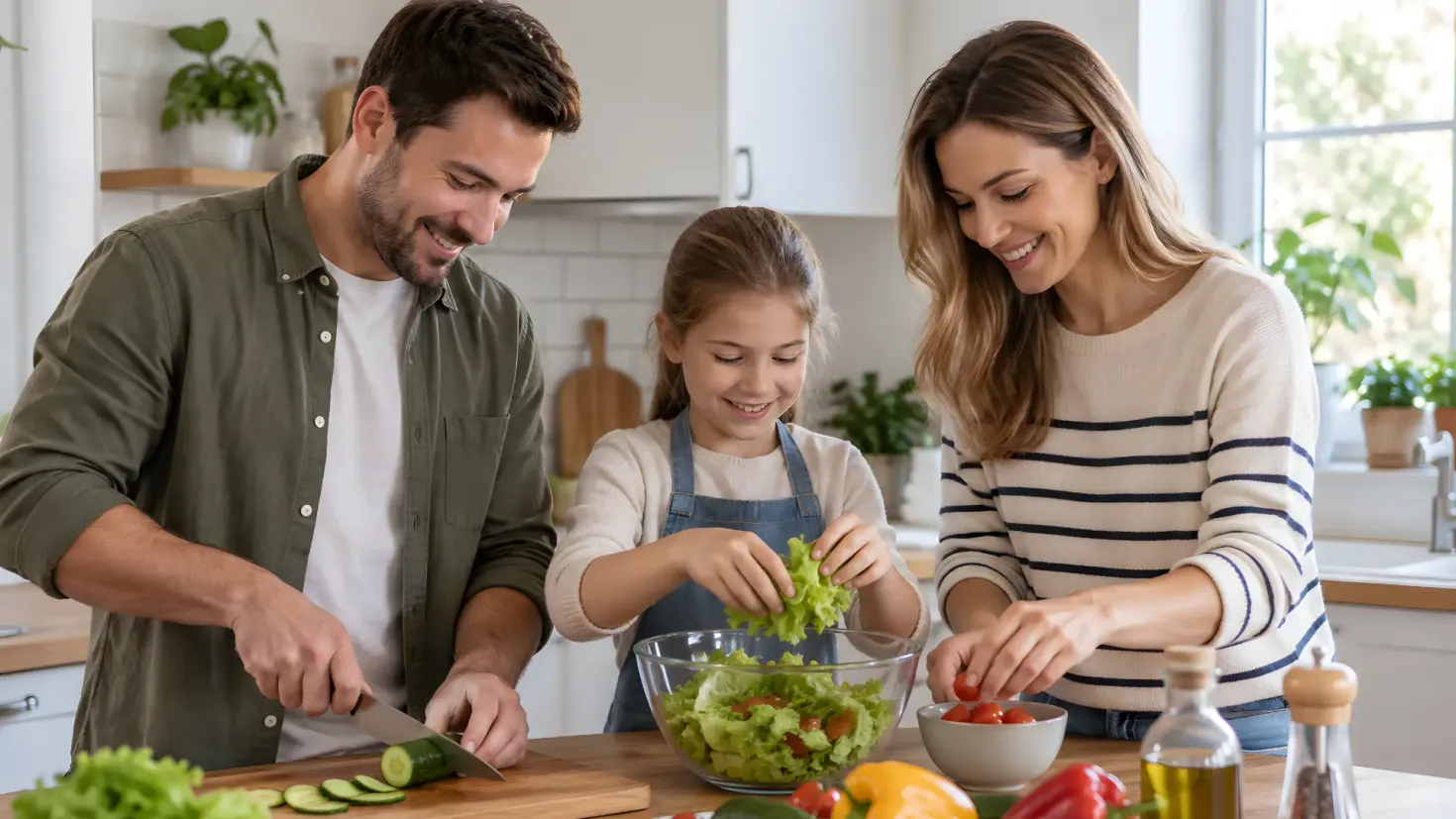 Family preparing a fresh salad together in a modern kitchen.