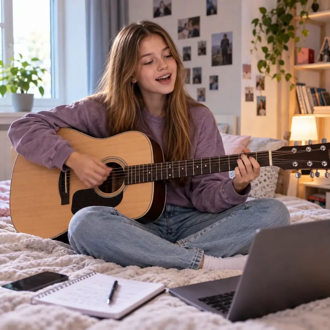 Teenage girl playing acoustic guitar and singing in her bedroom.