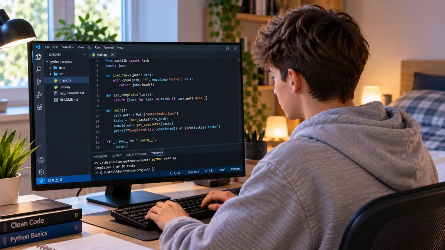 Teenage boy writing Python code on a computer in his bedroom.
