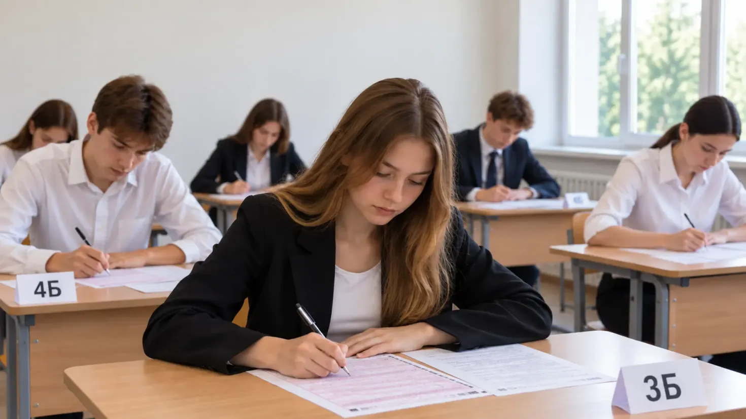 Graduates taking the Unified State Exam with paper answer sheets in a classroom.