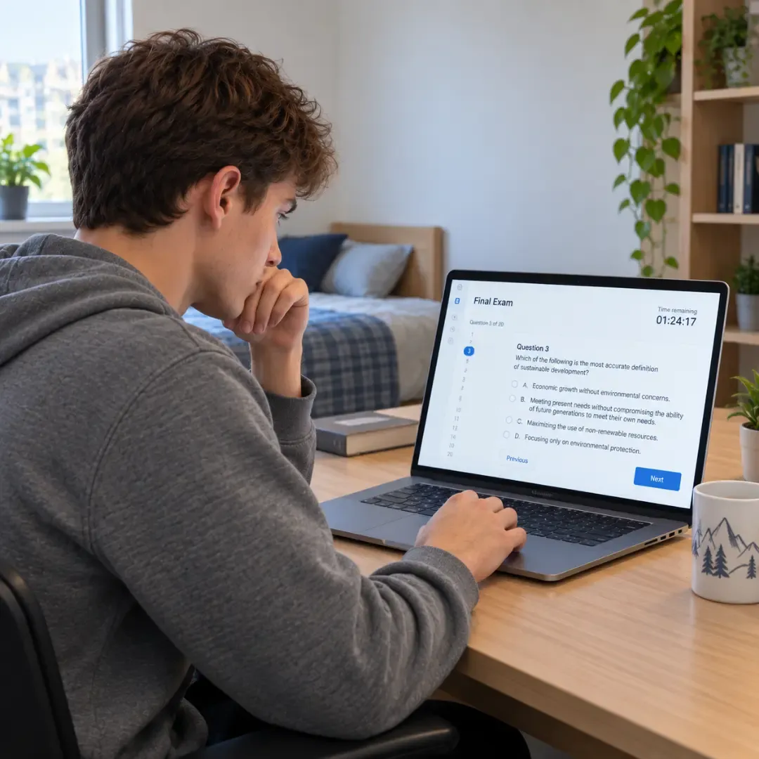 University student taking an online exam on a laptop at home.