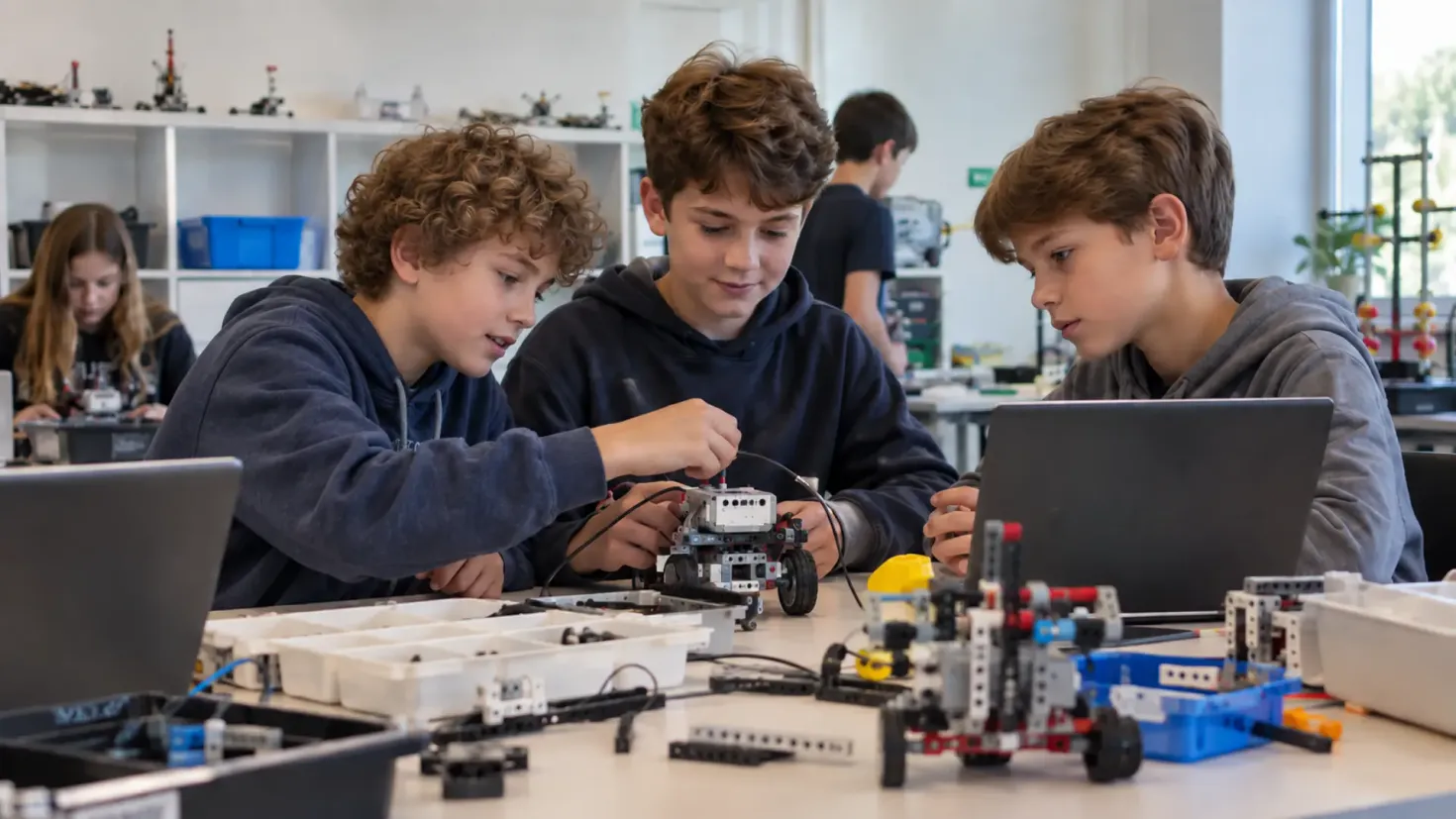 Schoolchildren building and programming robots in a robotics club.