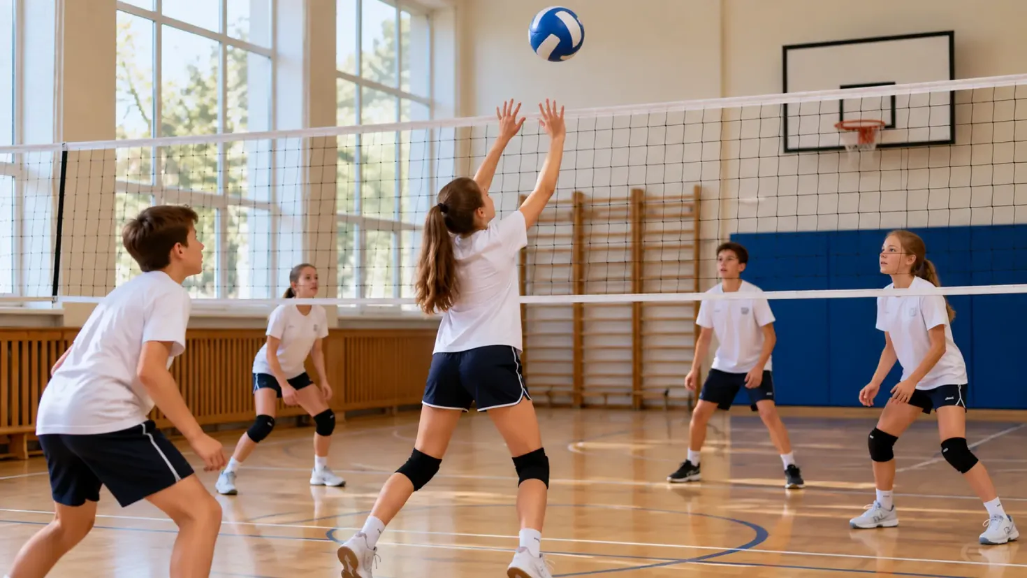 Schoolchildren playing volleyball in a school gym with a blue and white ball.