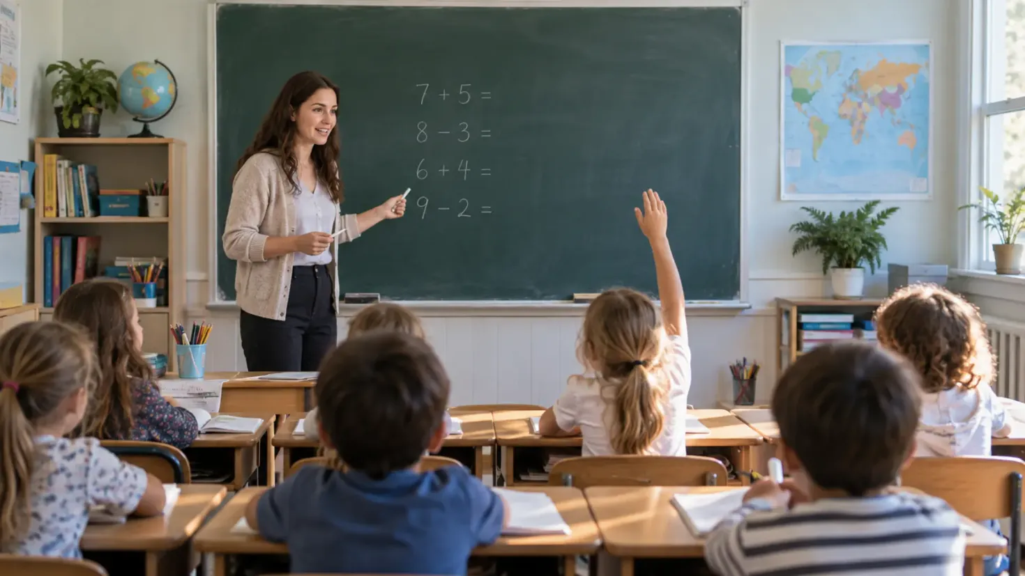 Primary school teacher giving a traditional classroom lesson to young students at a chalkboard.