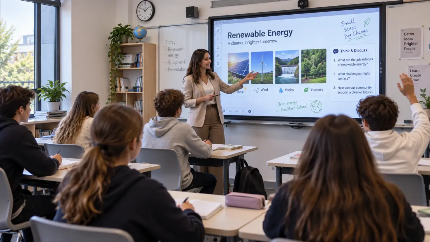Teacher using an interactive whiteboard during a modern classroom lesson with teenage students.