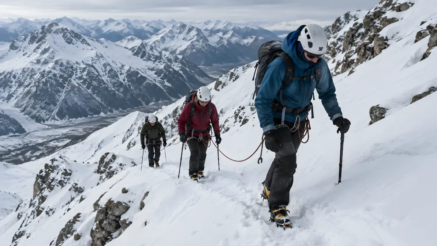 Mountaineers climbing a snowy mountain slope during a winter expedition.