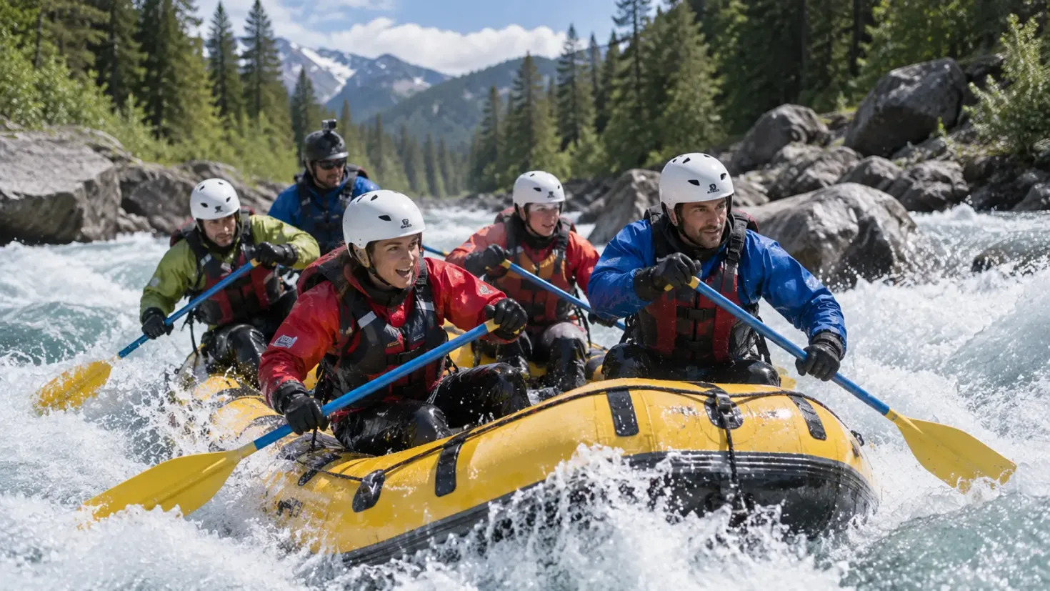 People whitewater rafting through mountain rapids in professional safety gear.