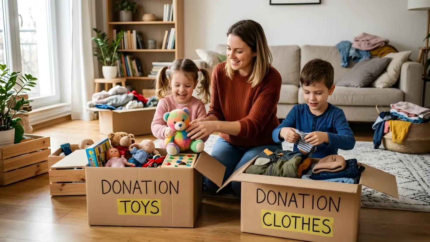 Mother and two kids sitting on the floor at home sorting toys and clothes into donation boxes.