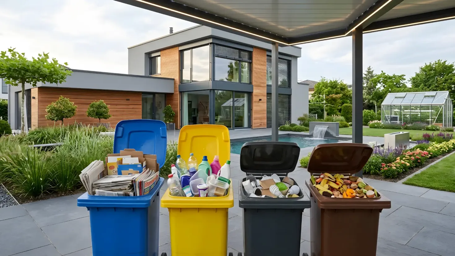 Four color-coded recycling bins for paper, plastic, general waste, and compost on a modern patio.