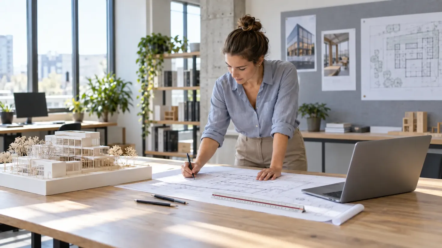Architect working on building plans in a modern architecture studio with a scale model and laptop.