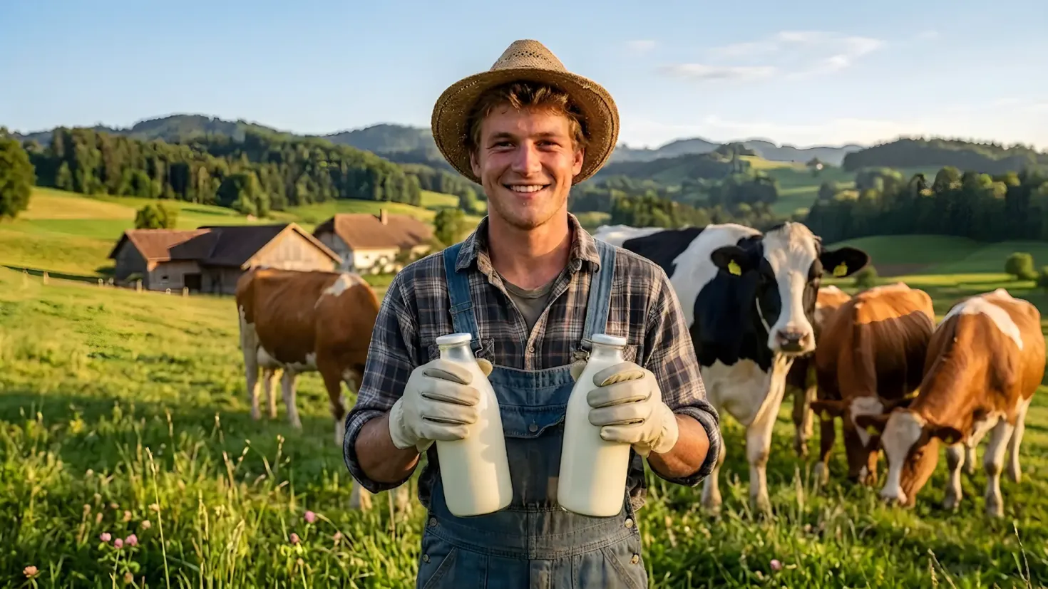 Farmer holding two bottles of fresh milk with cows grazing in a green pasture.