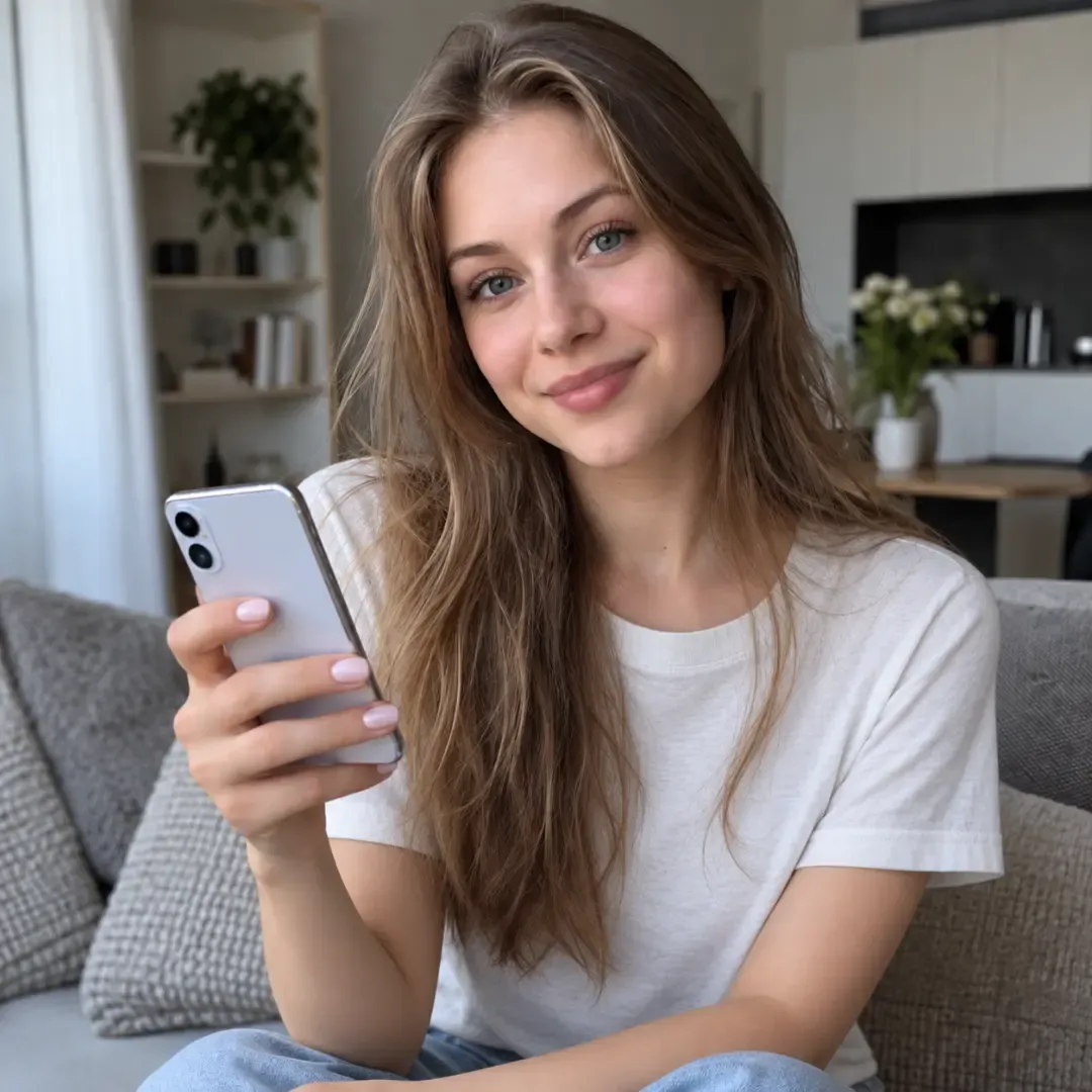 Young woman holding a modern smartphone in a bright contemporary living room.