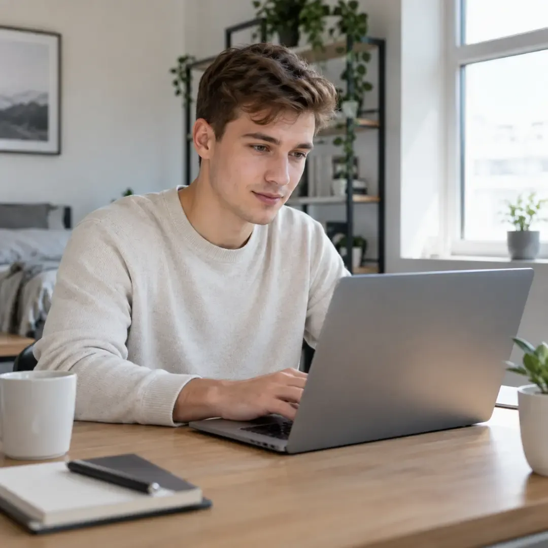 Young man using a modern laptop in a bright home workspace.
