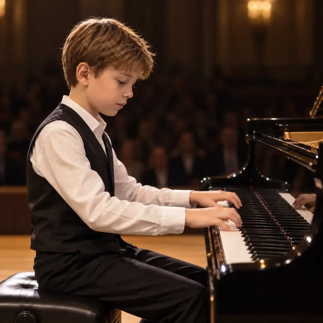 Young boy performing on a grand piano during a concert.