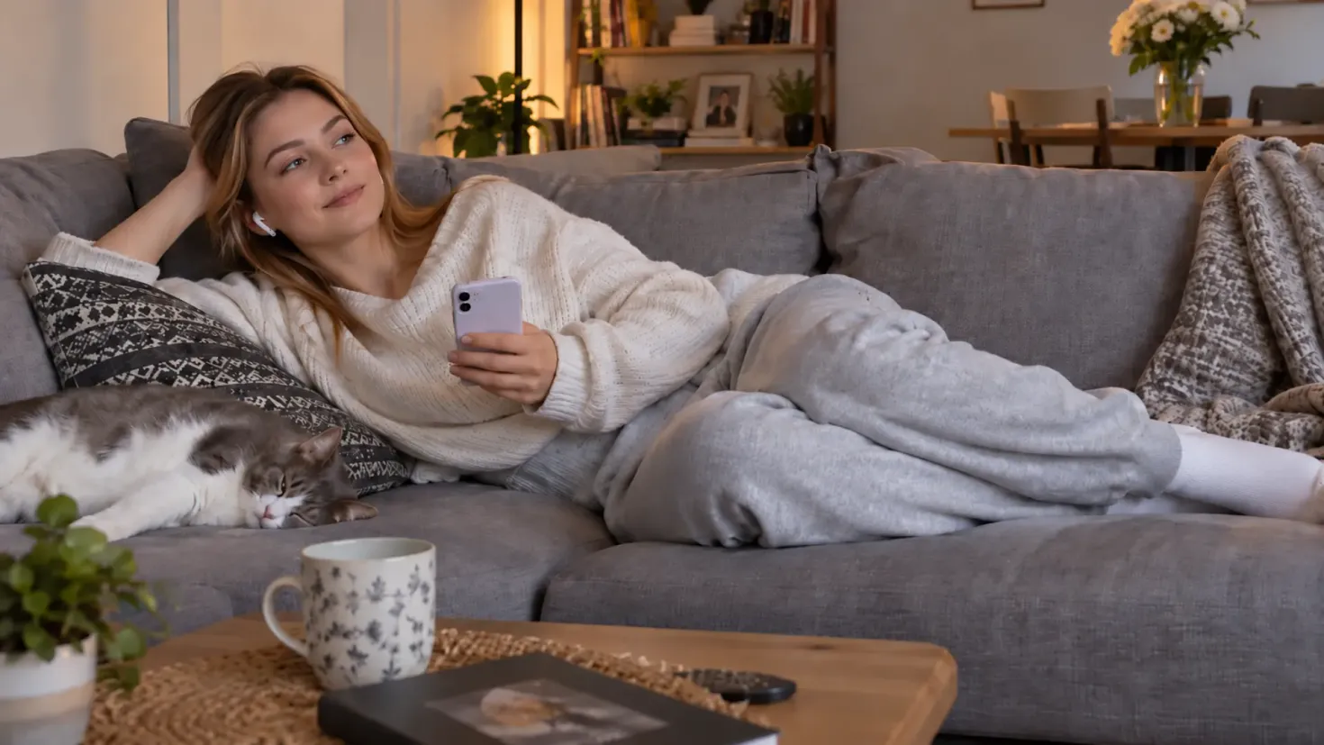 Young woman relaxing on a sofa and listening to music on her smartphone with wireless earbuds.