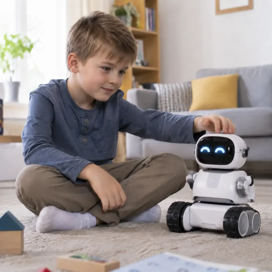 Boy playing with a modern toy robot at home.