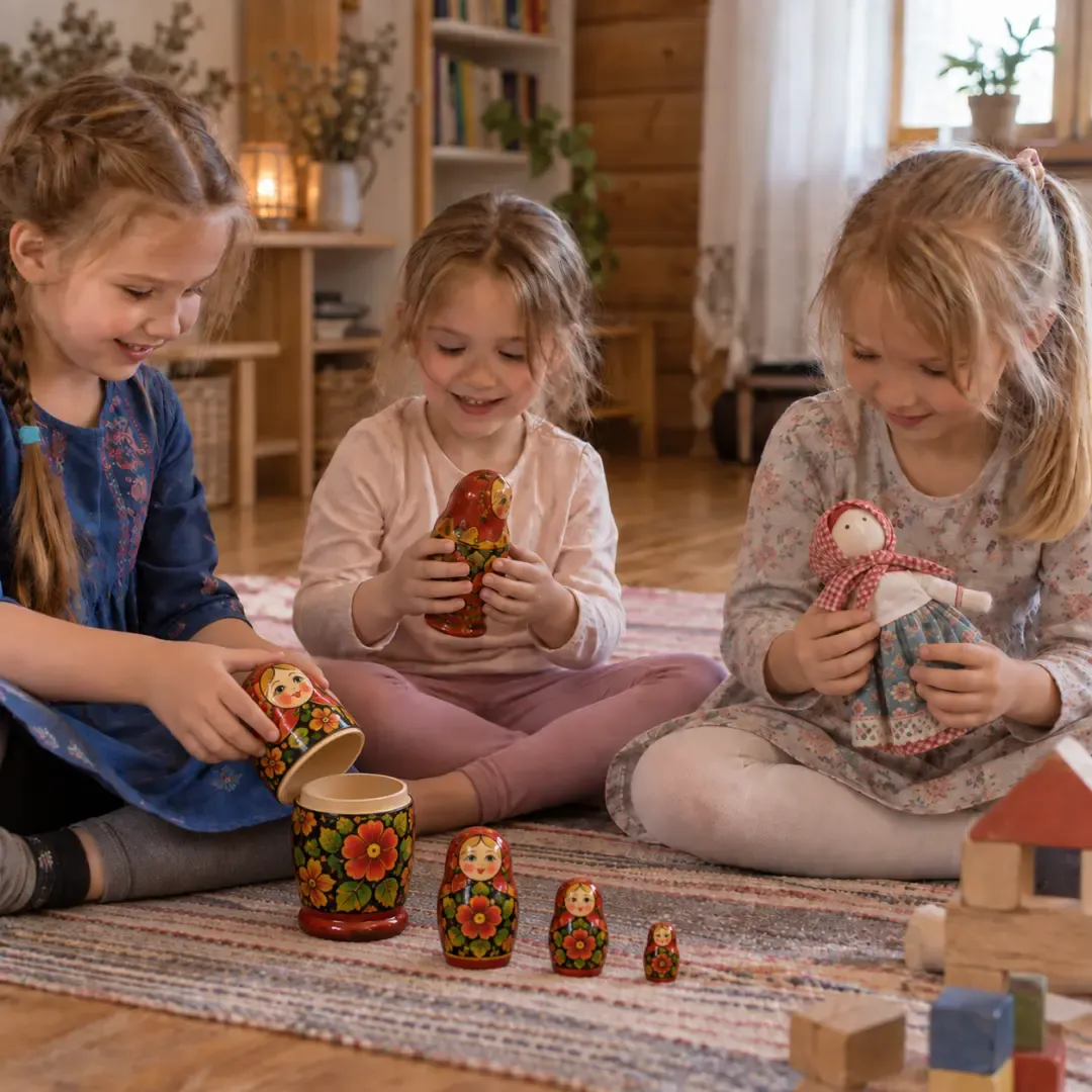 Girls playing with traditional matryoshka dolls and a rag doll at home.