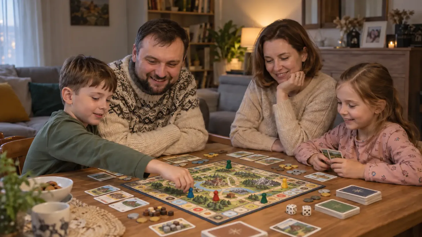 Family playing a board game together at home.