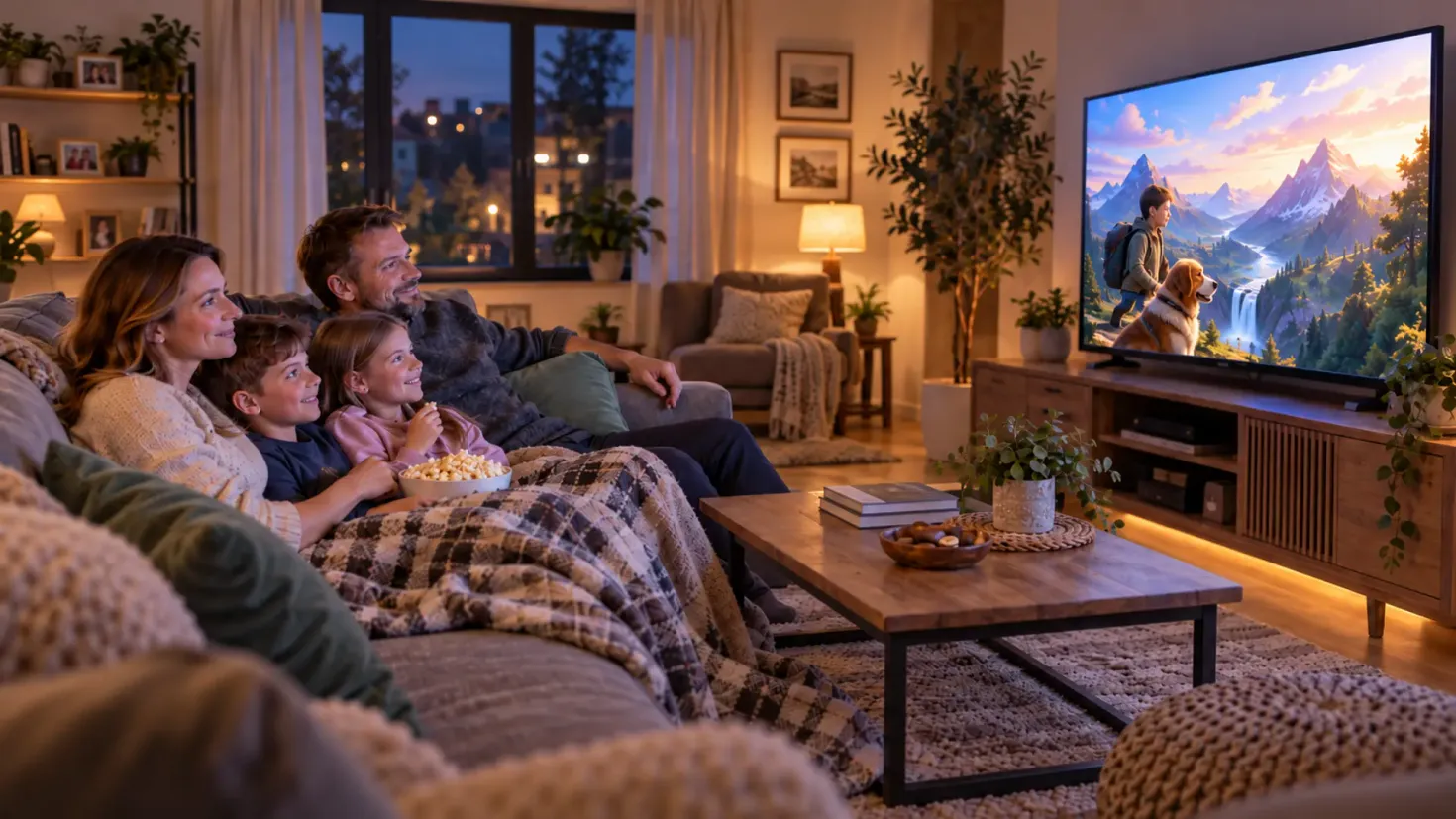 Family watching a film together at home.