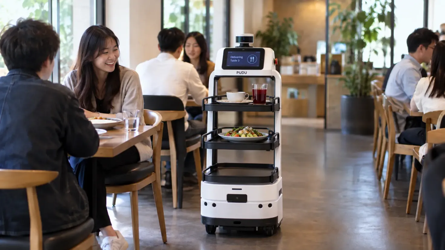 Service robot delivering food to customers in a cafe.