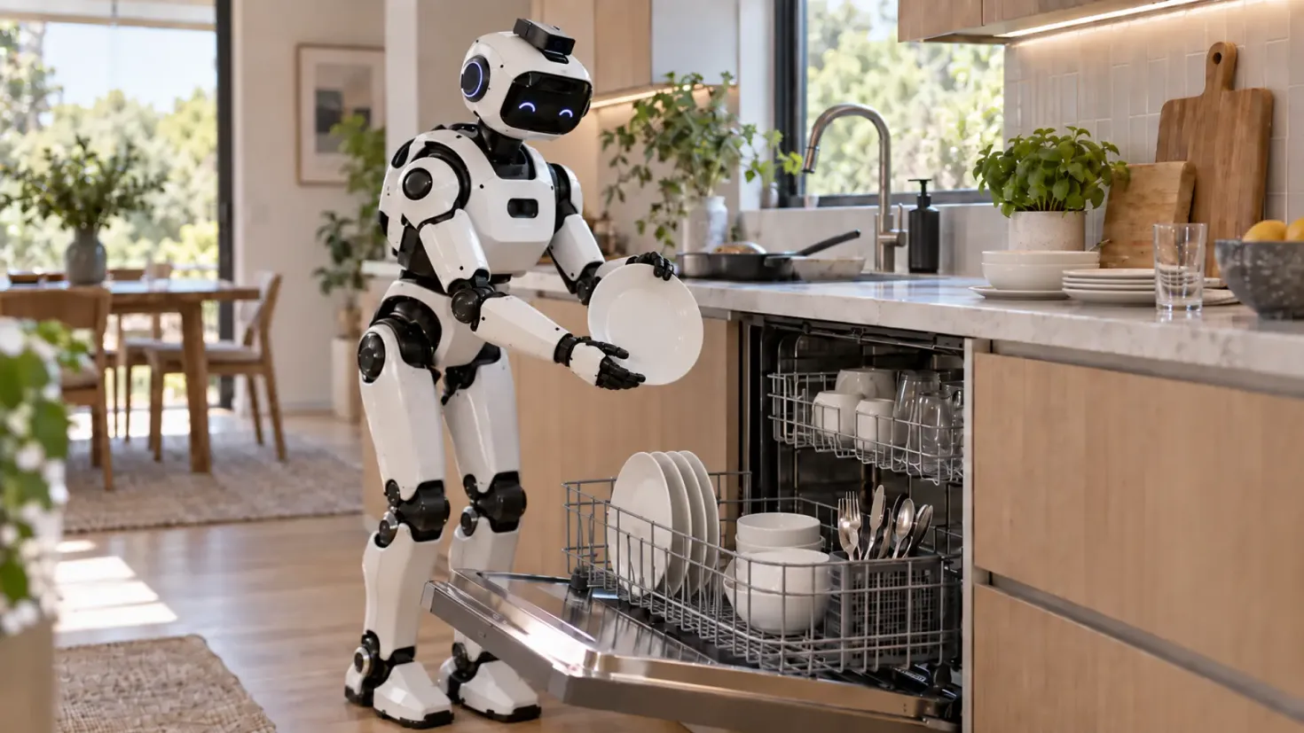 Humanoid home robot unloading clean dishes from a dishwasher in a modern kitchen.