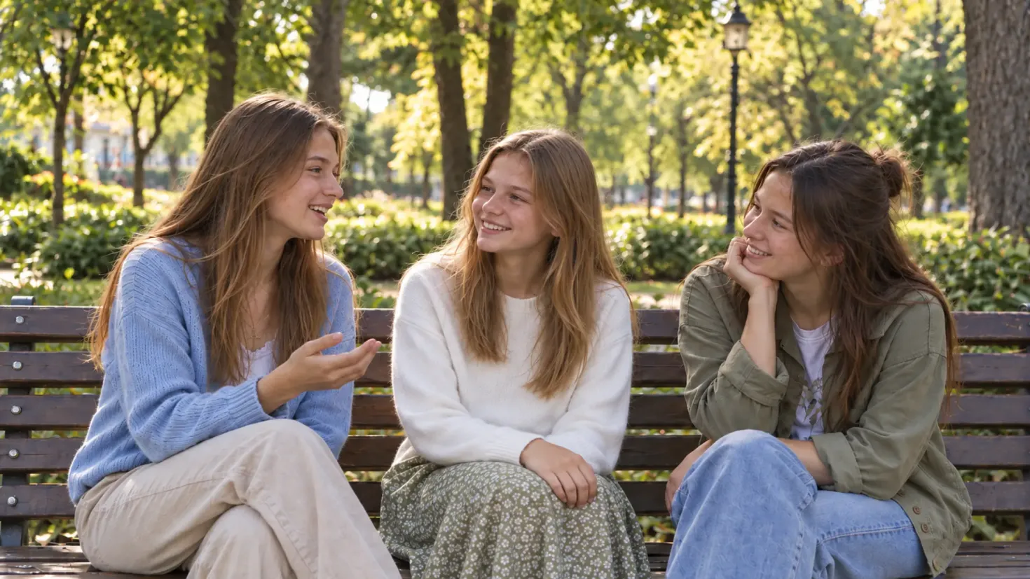 Three teenage girls chatting together on a park bench.