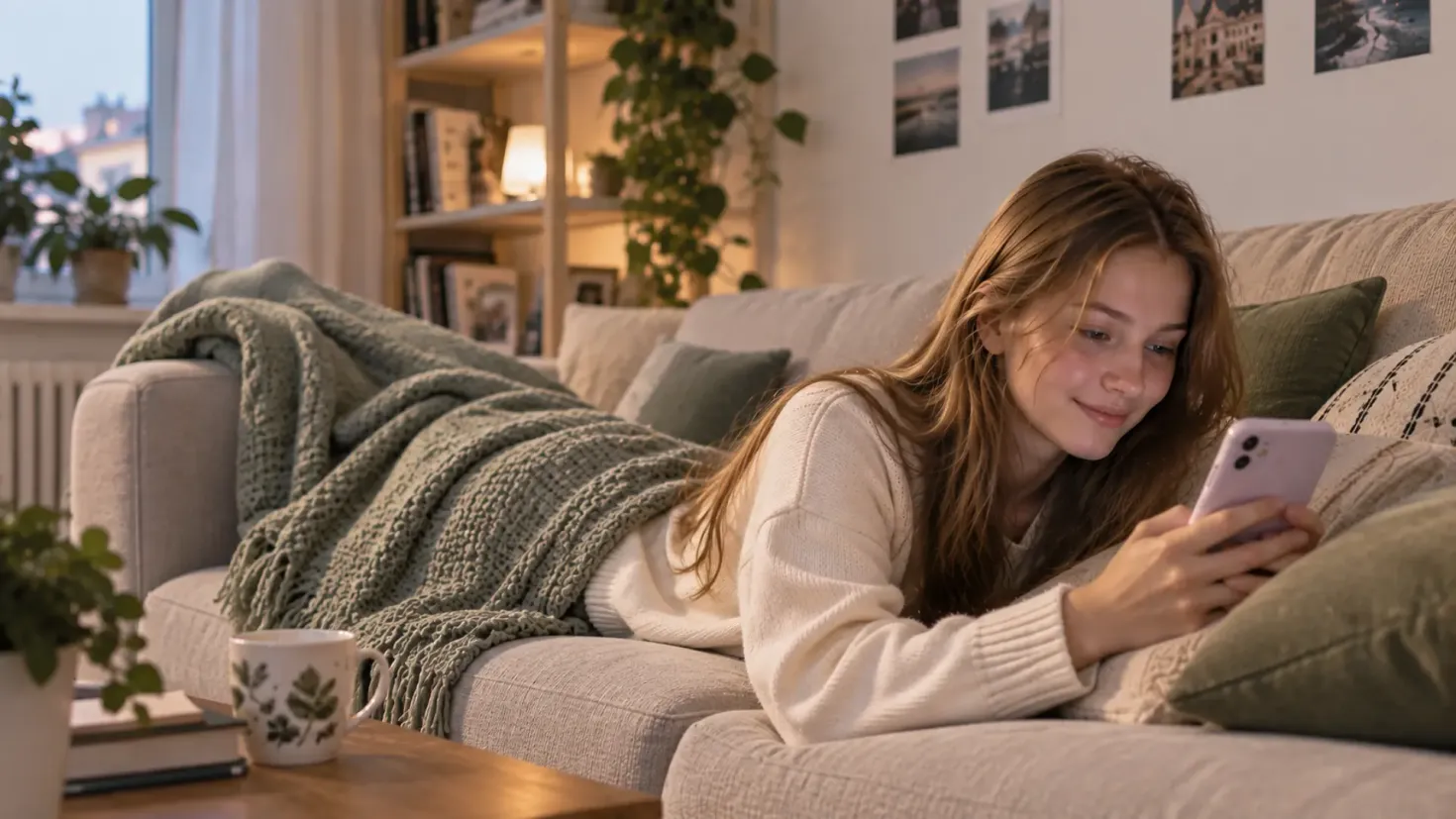 Young woman relaxing on a sofa and chatting online on her smartphone.