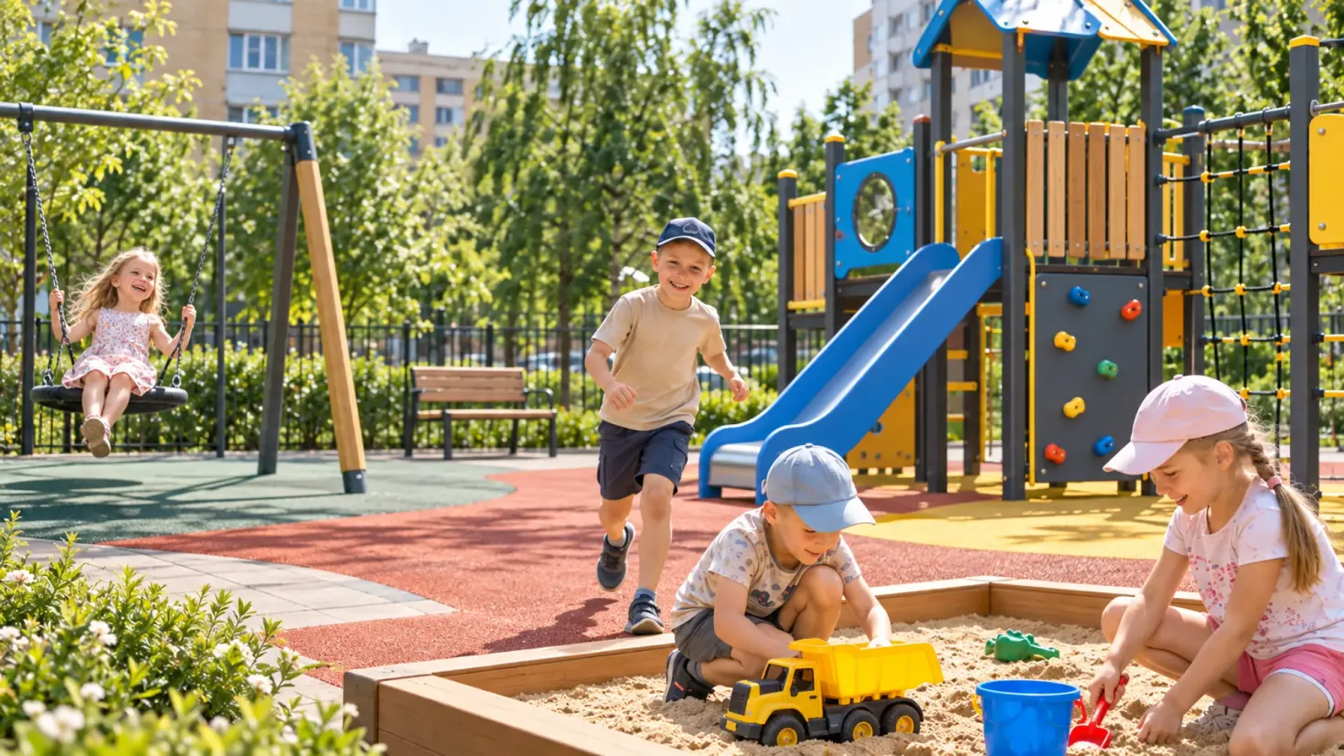 Children playing on a modern outdoor playground with swings, a slide and a sandbox in summer.