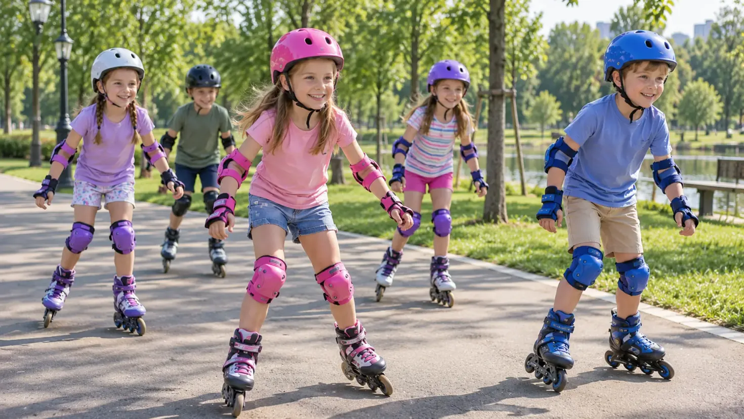 Children rollerblading in a summer park wearing helmets and matching protective gear.