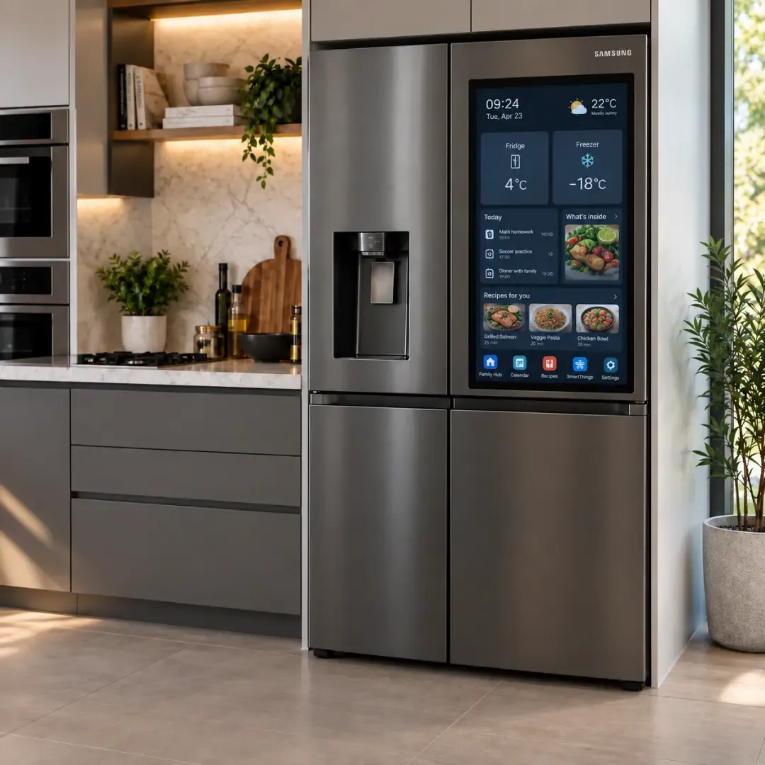 Smart refrigerator with a touchscreen display in a modern fully equipped kitchen.