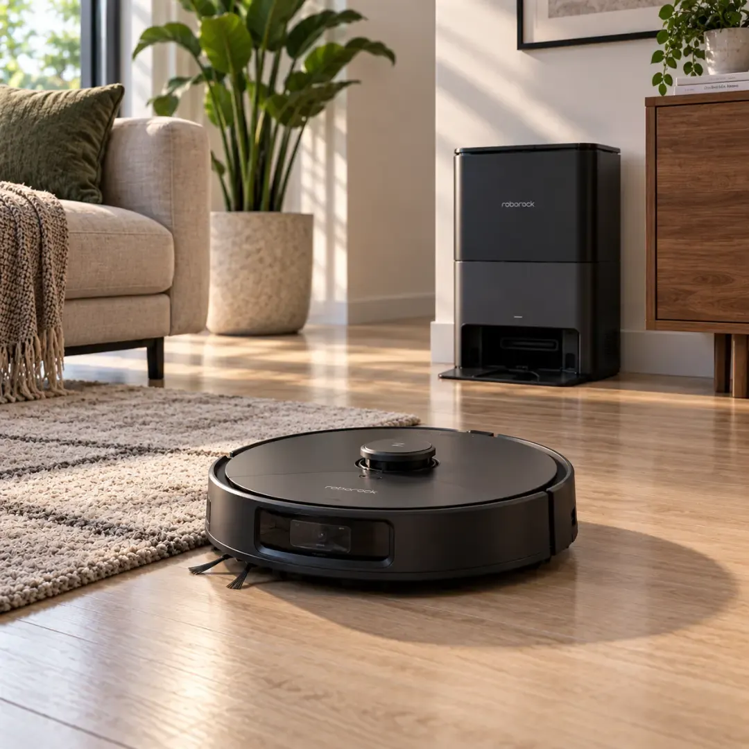 Smart robotic vacuum cleaner with charging dock in a modern living room.
