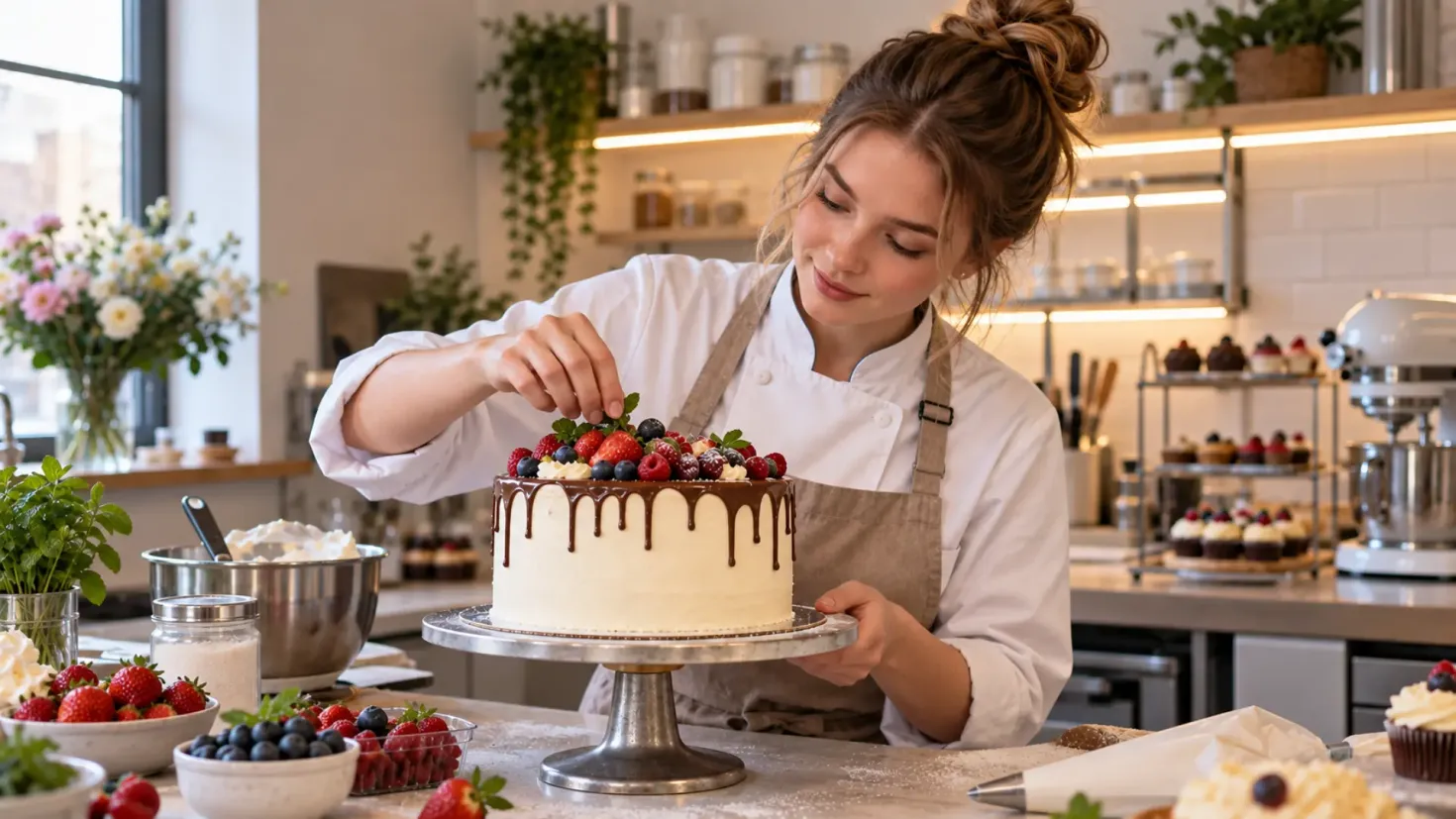 Young female pastry chef decorating a berry cake in a modern bakery kitchen.