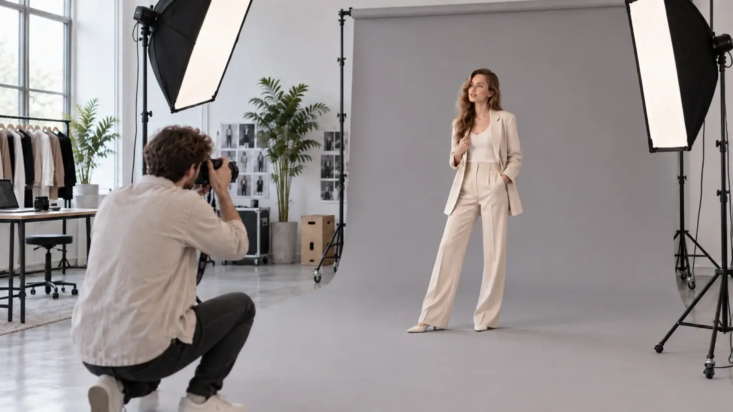 Photographer taking photos of a fashion model in a modern photography studio with a gray backdrop.