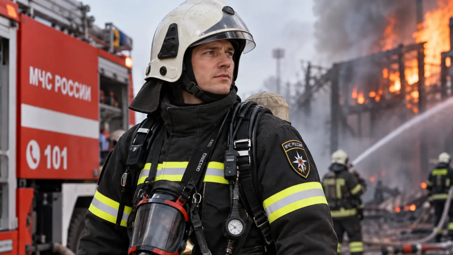 Russian firefighter in protective gear and helmet standing near a fire engine during an emergency response.