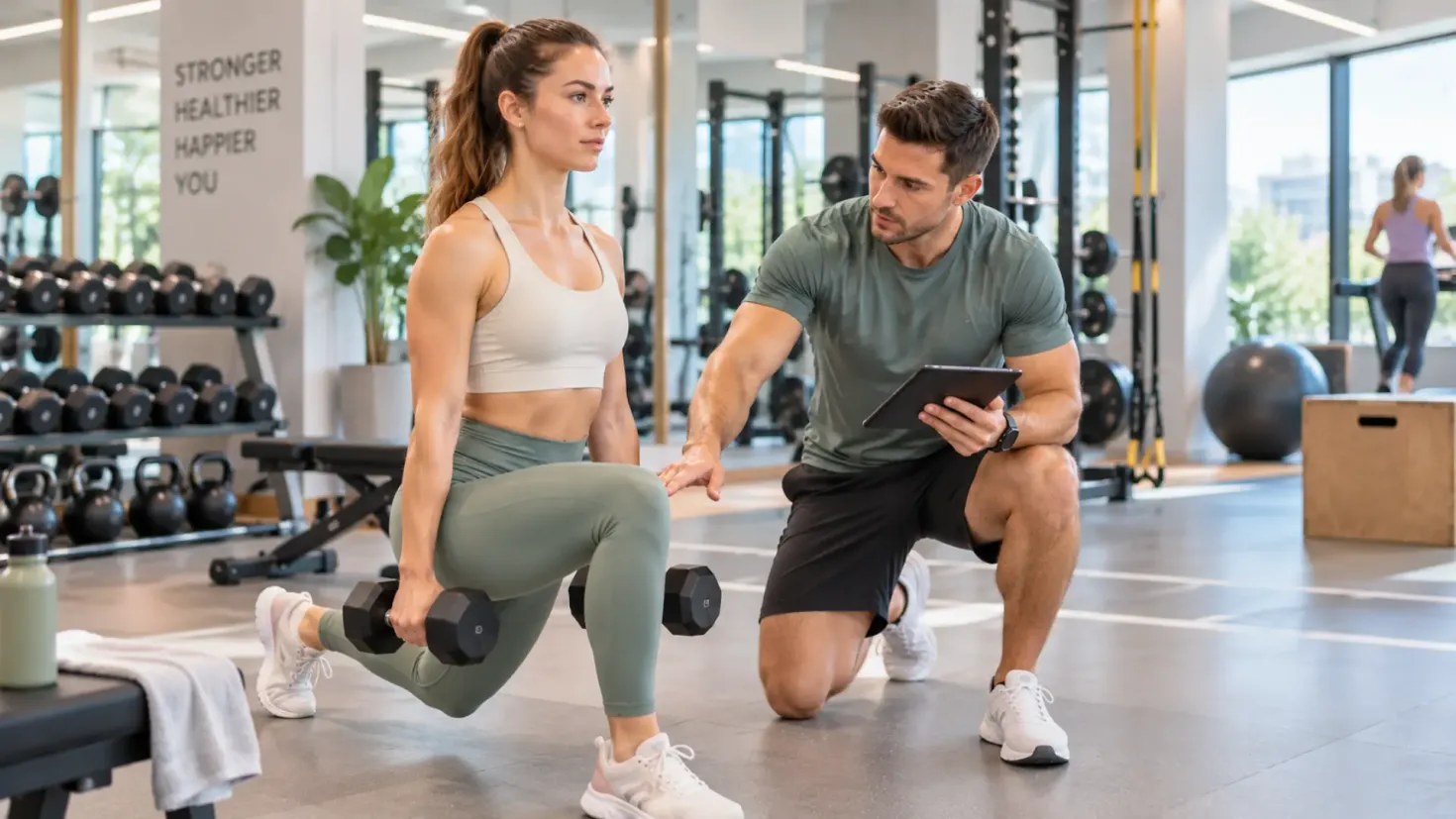 Fitness trainer coaching a woman during a dumbbell workout in a modern gym.