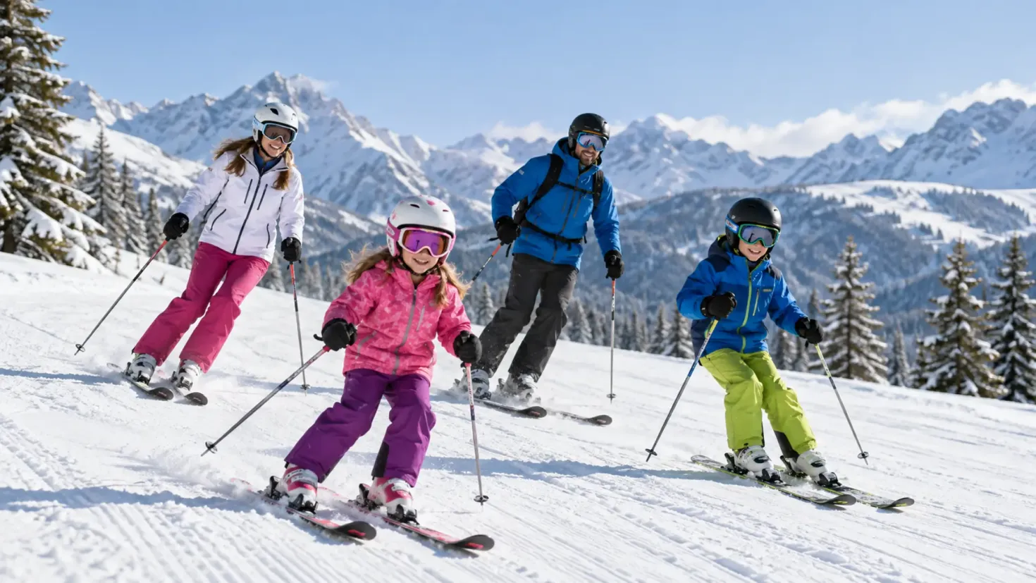 Family skiing together on a snowy mountain slope at a winter resort.