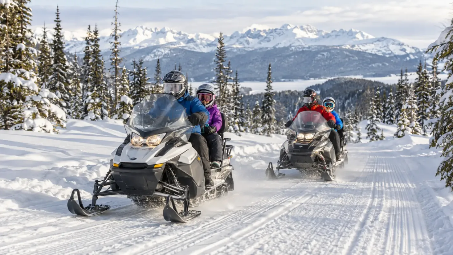Family riding snowmobiles through a snowy mountain forest in winter wearing protective gear.