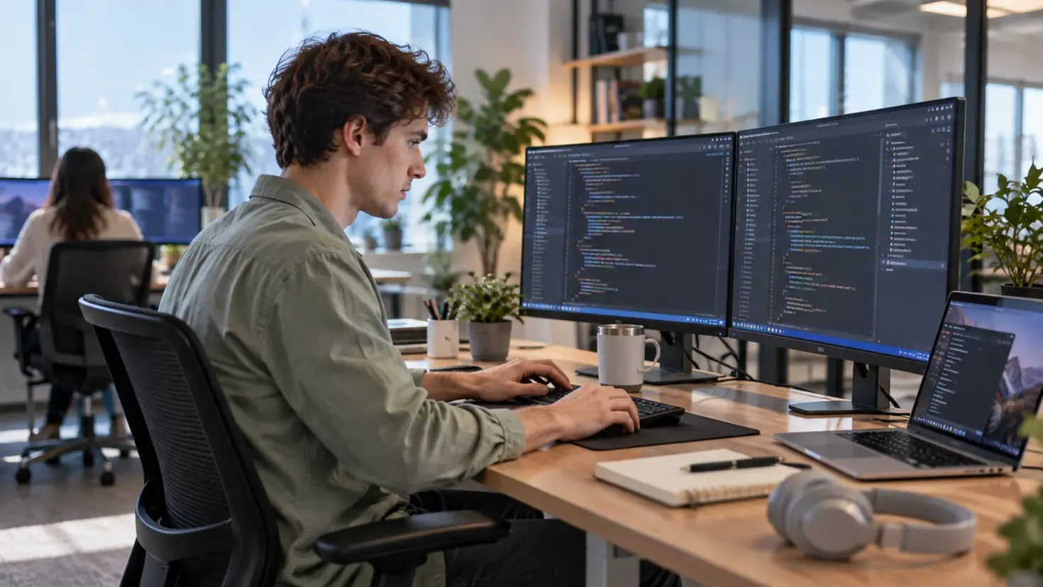 IT professional working on code at multiple monitors in a modern office.