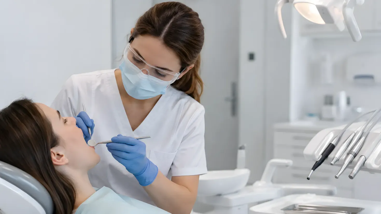 Dentist examining a patient's teeth in a modern dental clinic.