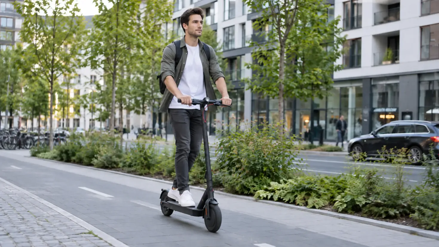 Young man riding an electric scooter on a modern urban bike path.