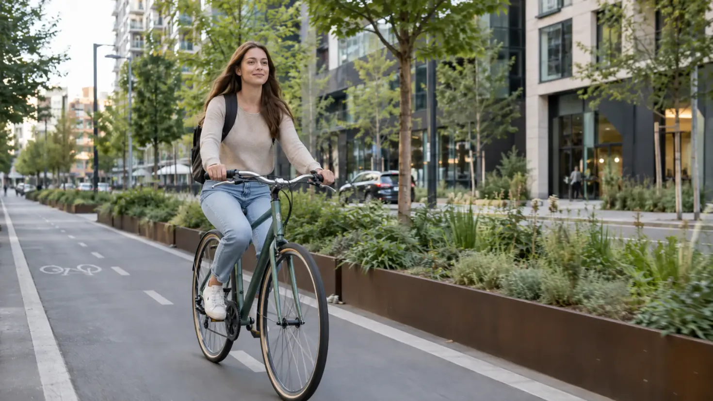 Young woman riding a bicycle along a city bike lane in an urban neighborhood.