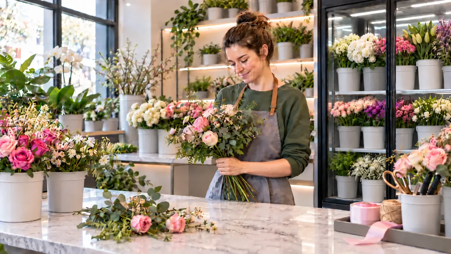 Florist arranging a fresh bouquet in a modern flower shop with refrigerated floral displays.
