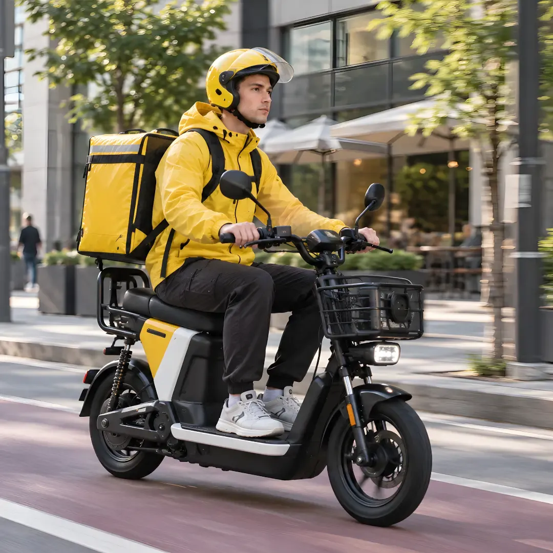 Young food delivery courier riding an electric scooter with an insulated backpack in a modern city.