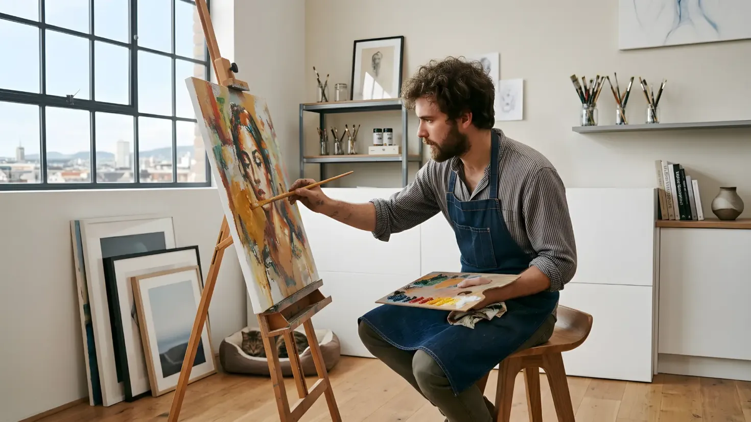 Male artist with a beard and curly hair, wearing a denim apron, painting a portrait on an easel in a well-lit studio.