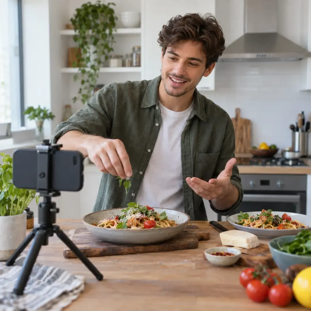 Young male food blogger filming a pasta recipe in a modern kitchen.